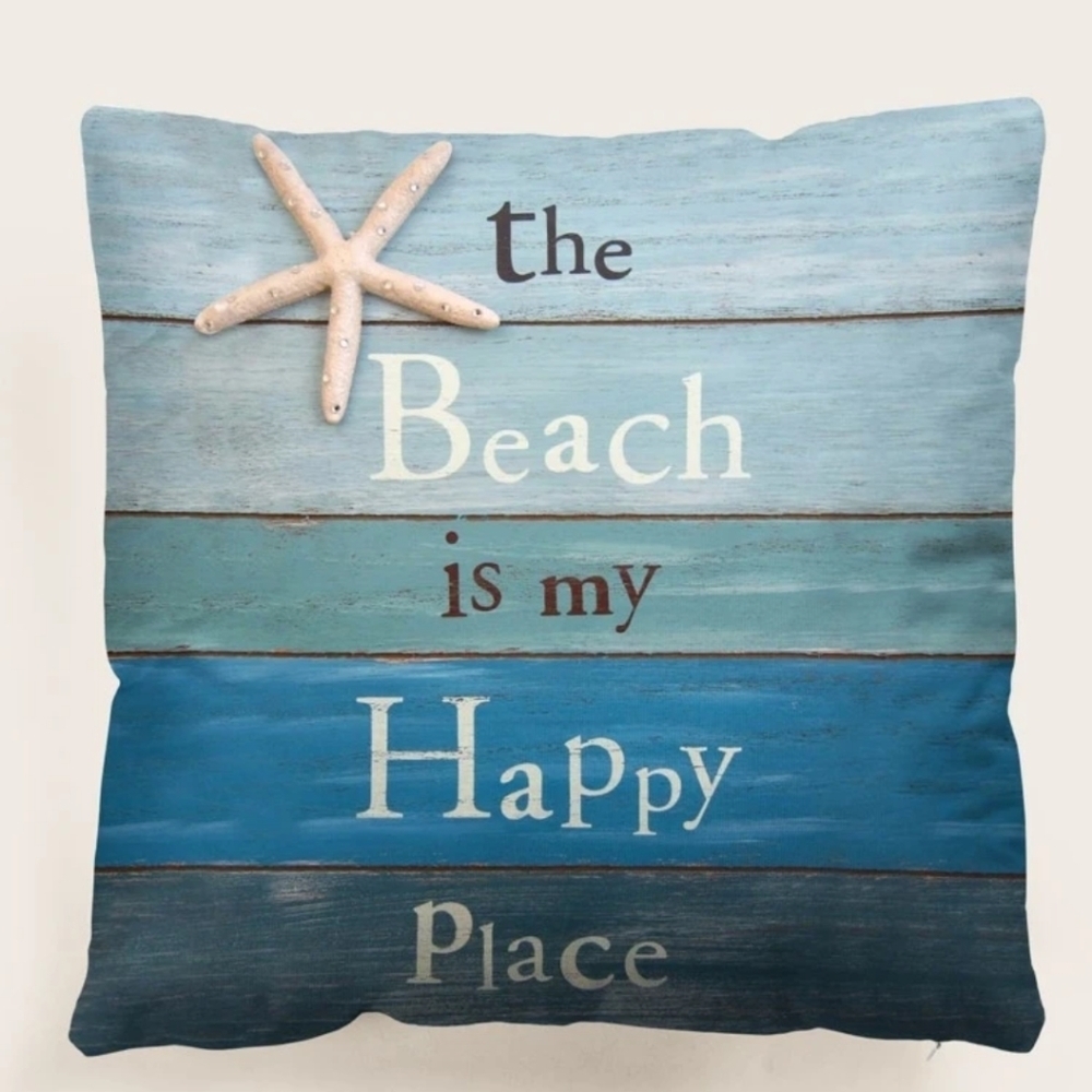 Coastal 'The Beach Is My Happy Place' Decorative Pillow - Blue